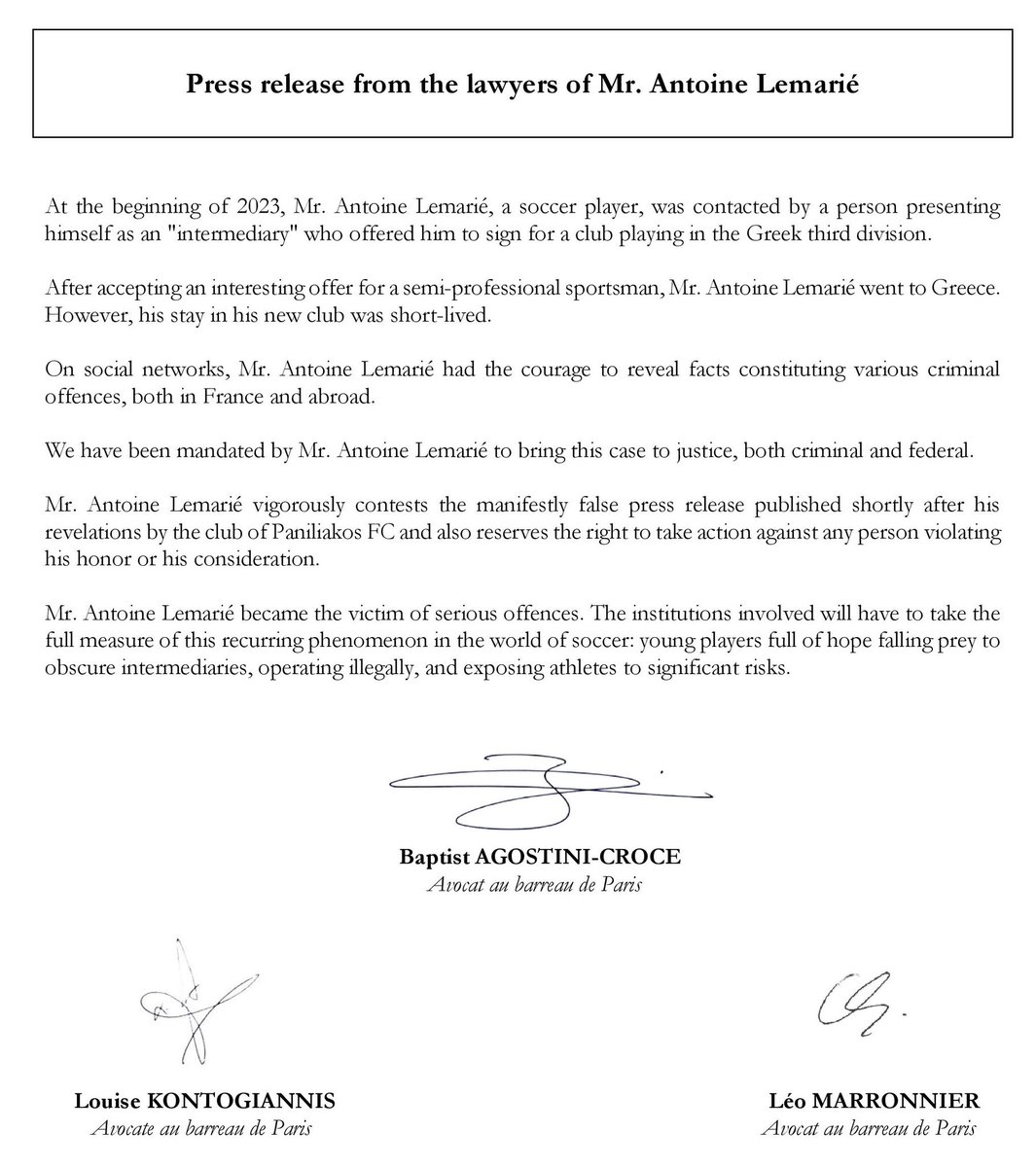 BaptistAgostini's tweet photo. Communiqué des avocats de M. Antoine Lemarié 

Press release from the lawyers of Mr. Antoine Lemarié 

Δήλωση των δικηγόρων του κ. Antoine Lemarié

@MarronnierL @Lemarie96 https://t.co/knxL9NrEGE