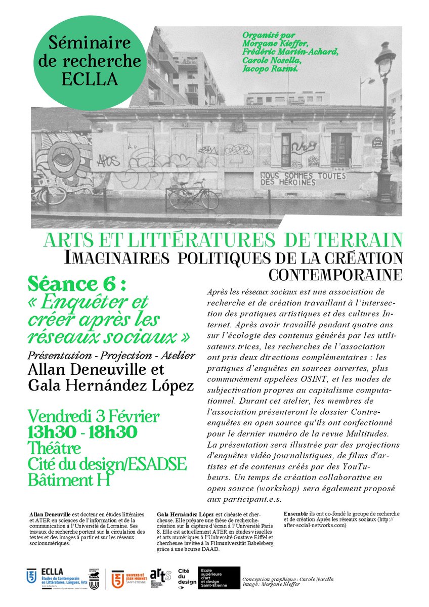 institut_arts's tweet photo. Séminaire du labo #Eclla @Univ_St_Etienne
"Enquêter et créer après les réseaux sociaux" en présence des fondateurs du groupe "Après les réseaux sociaux"
🗓️03/02 de 13h30 à 18h30 à #ESADSE @lacitedudesign
+ infos 👉https://t.co/EE5x39LB5u https://t.co/7BnTy1cYb6