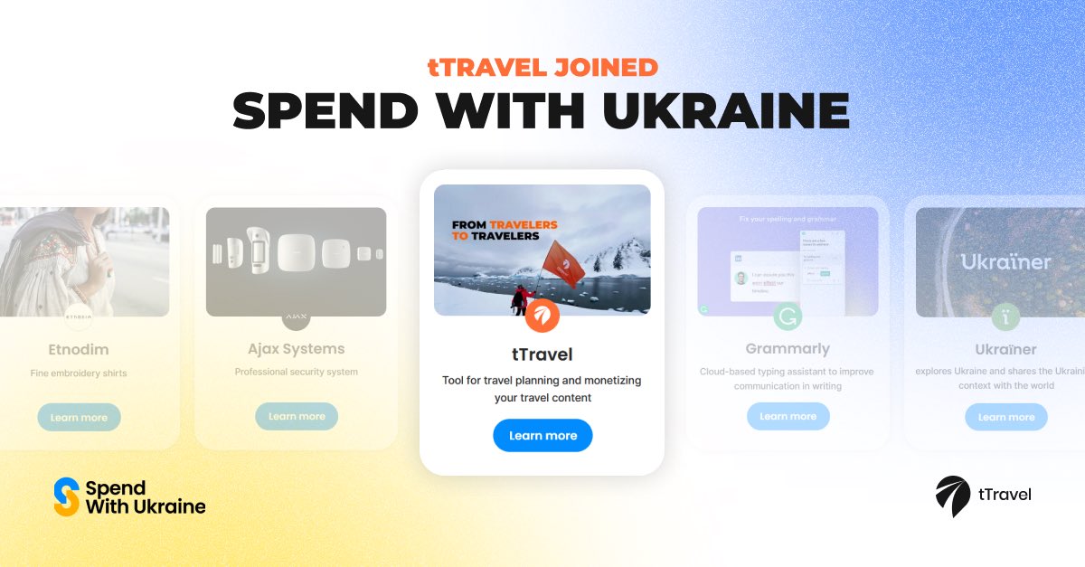 o_alex_b's tweet photo. 🏆 We are delighted to announce that #tTravel joined Spend With Ukraine – a non-profit organization that aims to support Ukrainian businesses operating on the international market 🇺🇦🗺️
#SpendWithUkraine #StandWithUkraine #ttravel #fromtravelerstotravelers #creatoreconomy #Mobile https://t.co/qO0CjVJjD6