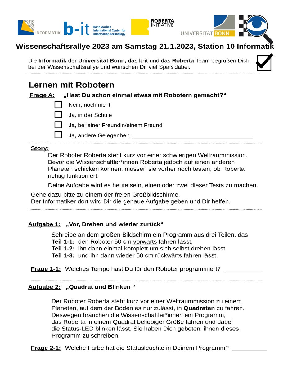 InformatikBonn's tweet photo. Du konntest am Wochenende nicht dabei sein? Macht nichts! Das Aufgabenblatt der Wissenschaftsrallye findest du in diesem Beitrag. 🙌
➡️Versuche doch mal im #openroberta Lab von @RobertaIAIS die Aufgaben zu lösen: https://t.co/iW7OdEgdey
#twlz #coding #robotics #STEMeducation https://t.co/0sIBZJfI7E