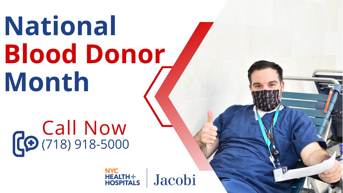 January is national #BloodDonorMonth, a time to recognize the importance of giving blood. Give the gift of life. Help out someone in need. Call now to learn how: (718) 918-5000. #JacobiStrong