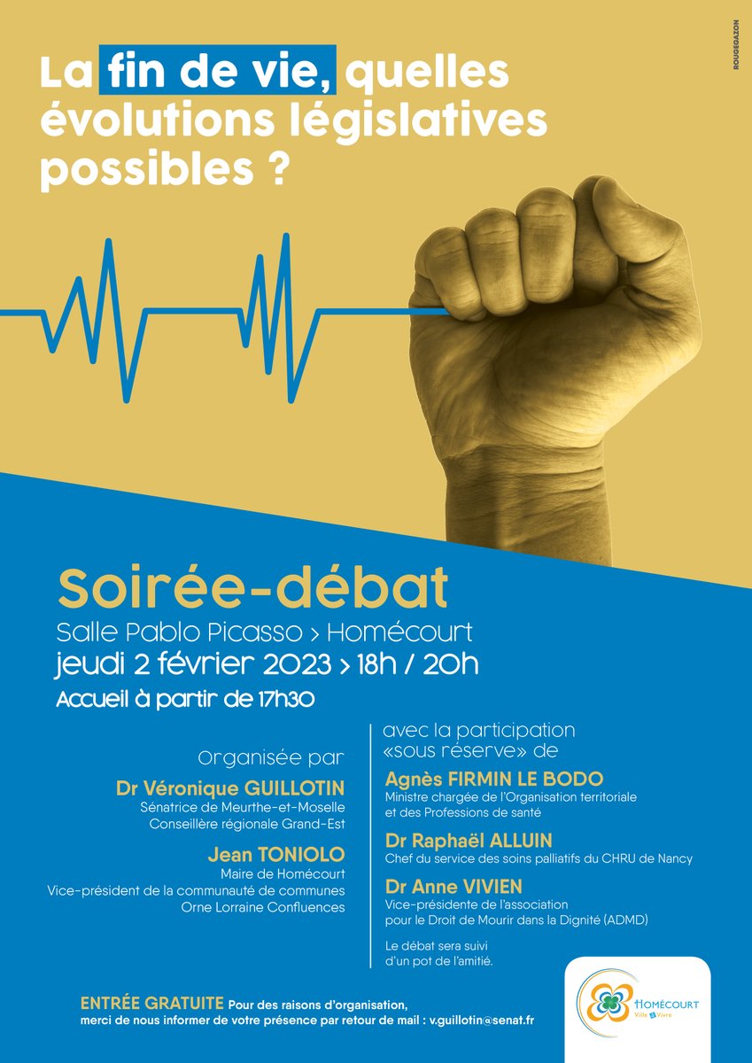 ADMDFRANCE's tweet photo. #Homécourt 💬 La #FindeVie, quelles évolutions législatives possibles ? #2Fev.
Débat organisé par la sénatrice de Meurthe-et-Moselle, @VGUILLOTIN.
Notre vice-présidente, le Dr Anne Vivien, interviendra lors de cette réunion publique pour porter la voix de notre association. https://t.co/oALCJV6XEu