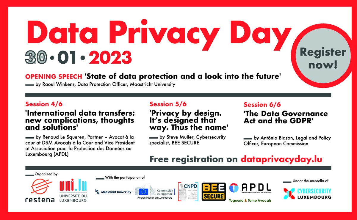 ⌛️D-6 before Data Privacy Day 2023 by @restena & @uni_lu counting to date +240 registrations 🎤After the opening speech & 1st round of speakers, 2nd round will focus on4⃣international #data transfers 5⃣ #privacy by design 6⃣ #datagovernance act and #GDPR ℹ️dataprivacyday.lu/programme/sche…