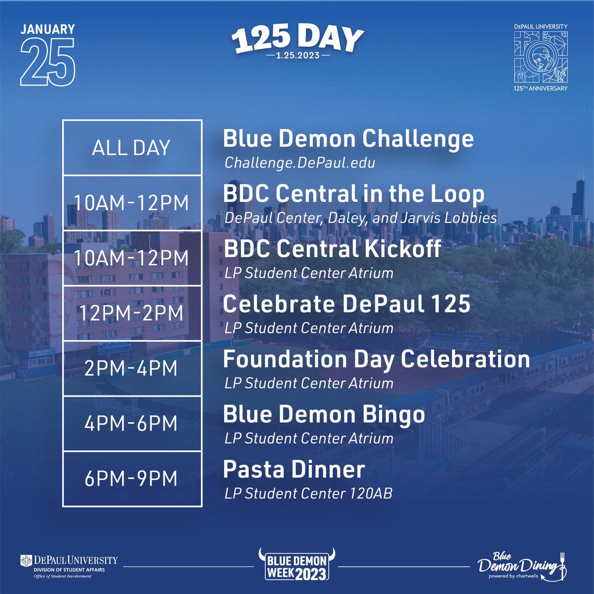 CDMDePaul's tweet photo. Tomorrow is #DePaul125 Day and @DPUInvolvement has planned a full day of activities! Students, join in for fun on both campuses. https://t.co/5gNPVNX1sQ https://t.co/DsQUw41hW0