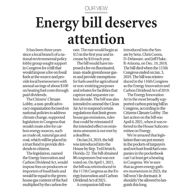 Wow! Amazing editorial in the Hudson (NY) Register Star endorsing the #EnergyInnovationAct to put a #PriceOnCarbon and give revenue to households. Great acknowledgement of the local CCL chapter, too.