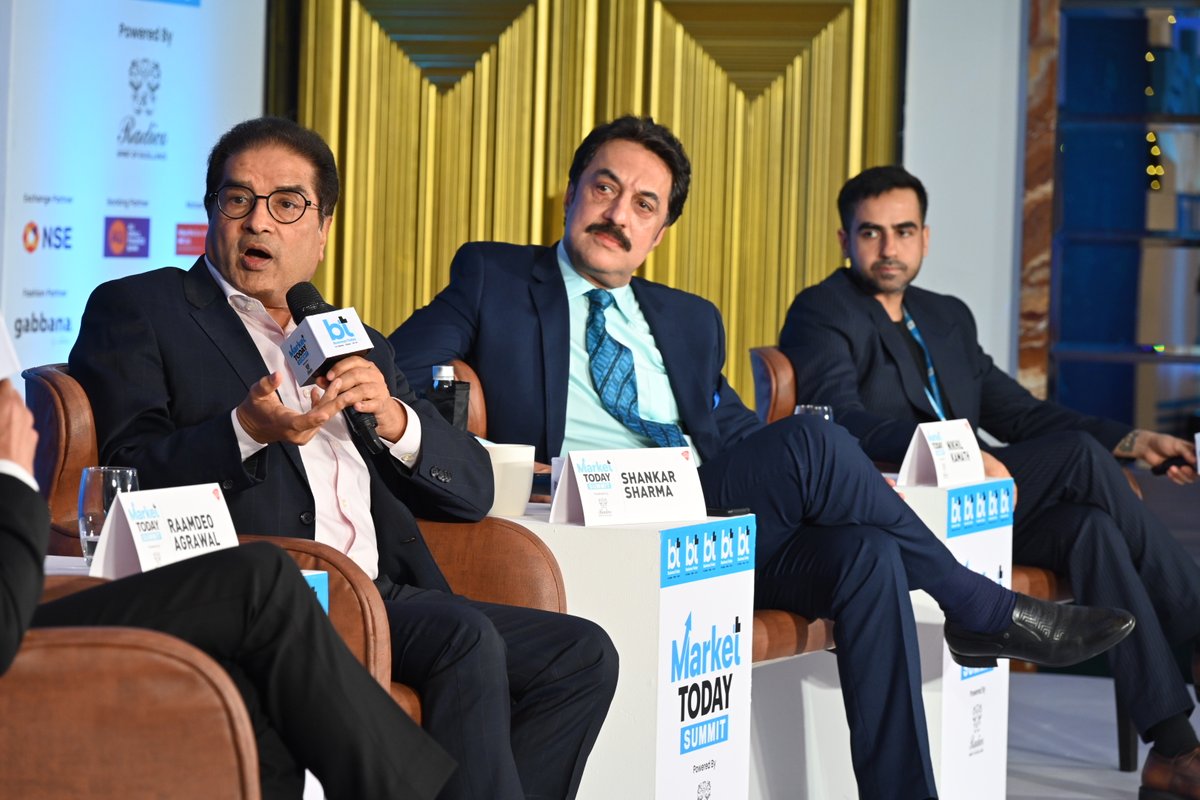 business_today's tweet photo. #MarketToday Summit | Raamdeo Agrawal, Shankar Sharma and @nikhilkamathcio in conversation with Udayan Mukherjee.

@radicokhaitan @NSEIndia @aubankindia  @DailyhuntApp @HeckylTech @BeOne_Lupin https://t.co/qEQepfttIk