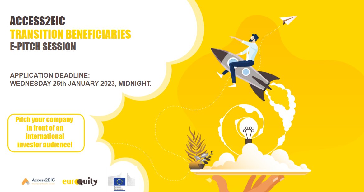 ACCESS2EIC (@access2eic) on Twitter photo 📅28/02 "Access2EIC Transition e-pitch"
by <a href="/Access2EIC/">ACCESS2EIC</a> & @euroquity
💯All eligible #Transition beneficiaries’ #startups are invited to e-Pitching session with prominent European investors.
6⃣ startups will pitch in front of ~50 investors.Are u ready?
ℹ️ access2eic.eu/call-for-trans… 📅28/02 "Access2EIC Transition e-pitch"
by <a href="/Access2EIC/">ACCESS2EIC</a> & @euroquity
💯All eligible #Transition beneficiaries’ #startups are invited to e-Pitching session with prominent European investors.
6⃣ startups will pitch in front of ~50 investors.Are u ready?
ℹ️ access2eic.eu/call-for-trans…