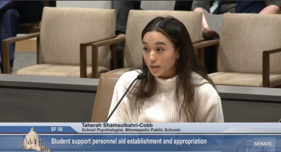 Minneapolis school psychologist Taherah Shamsulbahri-Cobb: "Much of my day is spent responding to our students and staff who are in crisis." She and other support staff desperately need help to meet the growing needs in their buildings. #mnleg #edmnvotes