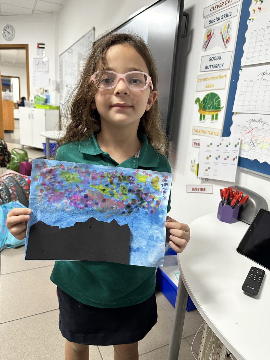abypower's tweet image. When you give children a picture of a painting and then transform and interpret it in their own styles. Grade 1’s interpretation of Van Gogh’s, “A Starry Night” 
#creativeminds #artclub #BeHappyBeGIS 
@GreenfieldIntS