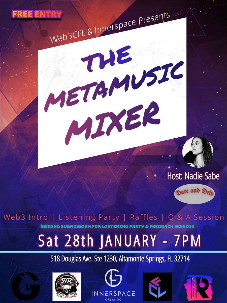 Kia_ATR's tweet photo. 📣Music Listening Party in Orlando Jan 28 @ 7pm- Join us w the talented Ari Gonzalez of Dare & Defy! Includes: pizza, drinks, "beverage" vouchers & a raffle🔥
https://t.co/zZT7qttUlI
@nadiesabemusi @rnr_bundy @Just_Vixenn @serpunketh @samuelarmes @brucewaynedk83
#Web3 #Web3CFL https://t.co/61VMZUYXjP
