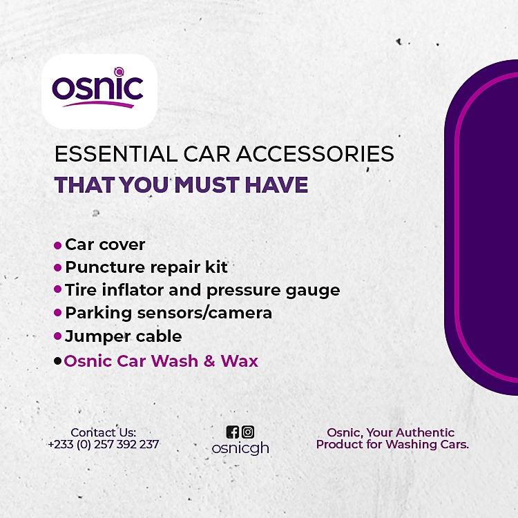 Essentials for your car.
Don't forget your No.1 car wash product- osnic car wash & wax.
For more info, call or WhatsApp us on 025 739 2237.
#osnicproducts #washingbay #products #ghana #carproducts #carwash #osnic #cars #osniccarwashandwax