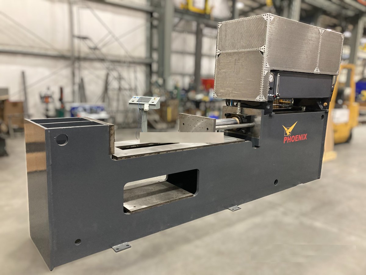 Phoenix recently completed this 75T custom horizontal press, equipped with a speed shift and manual speed control of the pressing stroke, along with analog position and tonnage readout on the remote mounted HMI.  A sound reduction enclosure is around the mounted hydraulic unit.