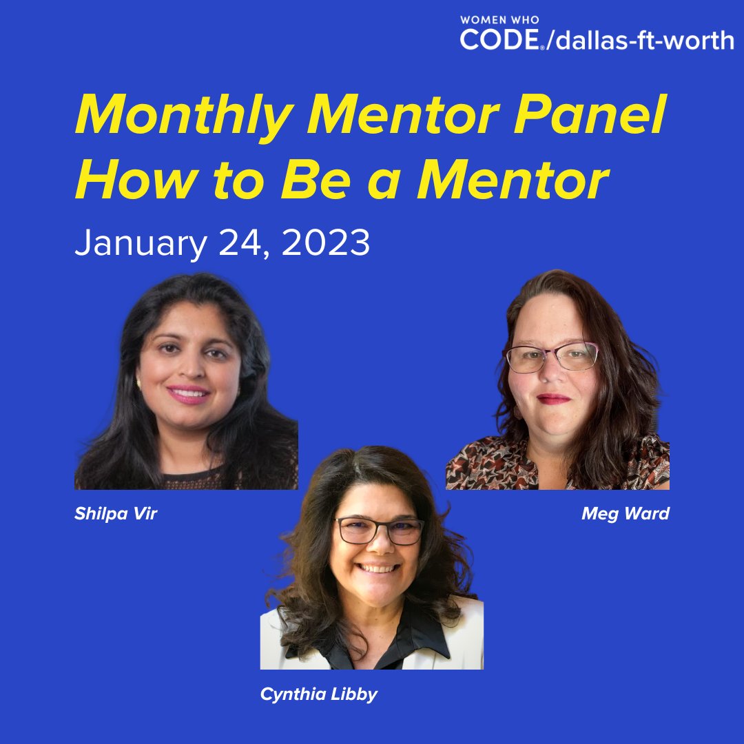 Today's the day! Learn how to be a Mentor!
• Hear from the experts
• Bring your questions
• Join in the conversation 

Online | 6:30 PM CST (UTC-0600)
RSVP on Meetup. Link in thread and bio.

Panelists: <a href="/ShilpaVir/">Shilpa Vir</a>, @heisenfeature

#womenwhocode #mentoring