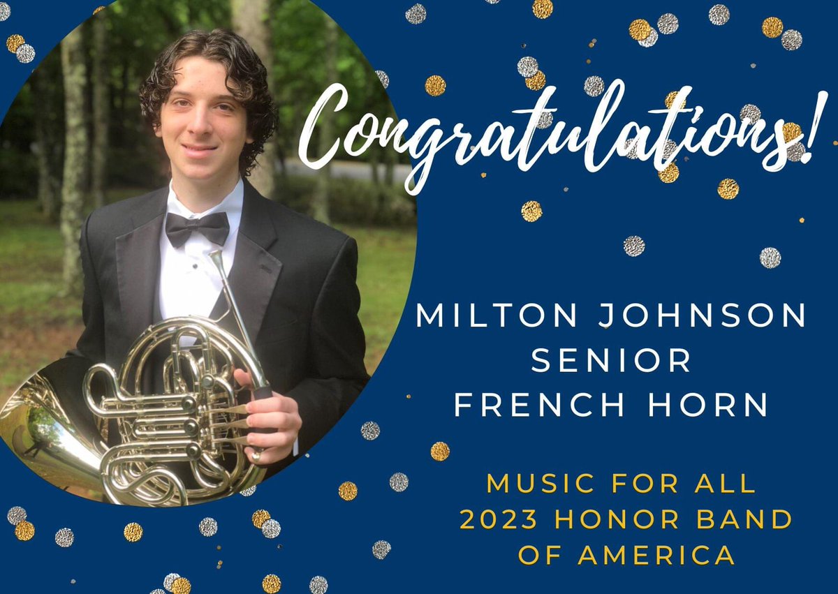 LHSCatBand's tweet photo. Congratulations to senior horn player Milton Johnson, who was selected for the Music for All Honor Band of America. He will participate in the national festival March 30-April 2 in Indianapolis. #CatBandProud #EyesWithPride 💙💛 https://t.co/yJBvNmPmd4