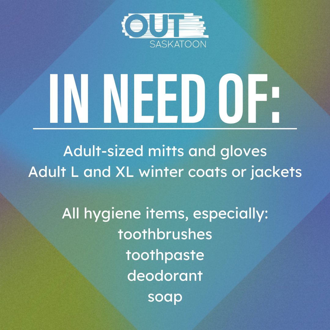 Hi friends! We're looking for adult-sized mitts, gloves, and winter coats/jackets, as well as all hygiene items!🧼

Items should be new, like-new, unopened, or unused and can be dropped off at the back of the building (213 Ave C South) during regular business hours. Thank you 💕
