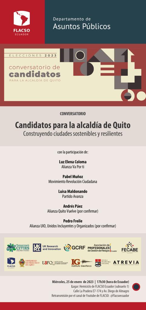 USFQiead's tweet photo. ¿Qué proponen los y las candidatas a la alcaldía de Quito sobre la sostenibilidad urbana? Este miércoles 25-01, en la @FLACSOec, conversaremos sobre el futuro de la ciudad con candidatos/as a la alcaldía. No se pierdan este evento, promovido por @UrbanRiskHub y el IEAD https://t.co/DopQvr1pgP