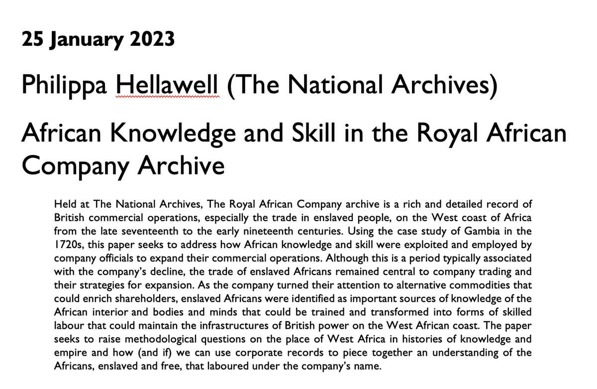 QMCECS Seminar [hybrid] 25 January 2023 (5-7pm): Philippa Hellawell (The National Archives) ‘African Knowledge and Skill in the Royal African Company Archive’. More info and sign-up: qmul.ac.uk/sed/english/re…