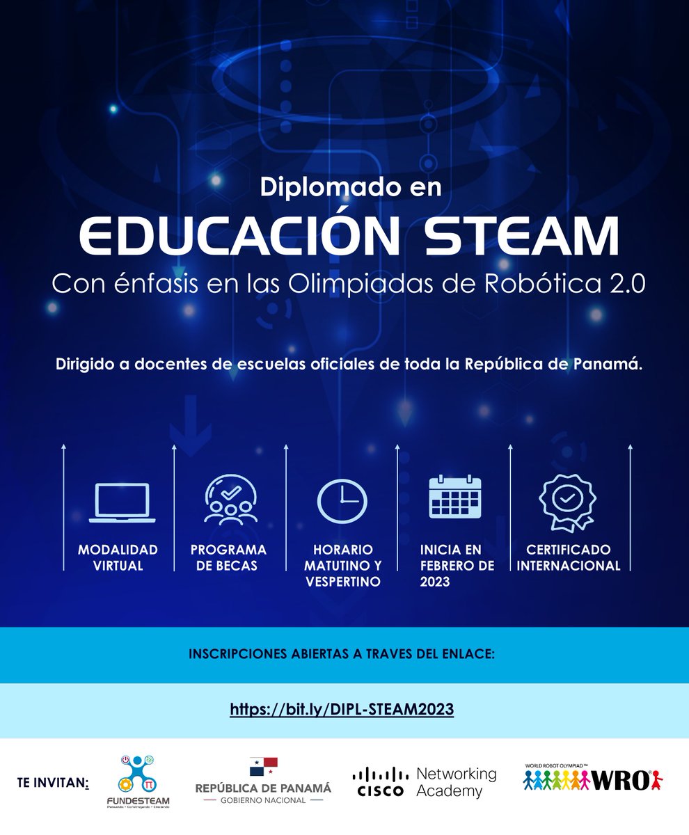 FUNDESTEAM de la mano con MEDUCA invita a todos los Docentes de Instituciones Oficiales a participar en el DIPLOMADO EN EDUCACIÓN STEAM CON ÉNFASIS EN LAS OLIMPIADAS DE ROBÓTICA 2.0

Duración 240 Horas académicas| Modalidad Virtual
INSCRIPCION ⤵️
bit.ly/DIPL-STEAM2023