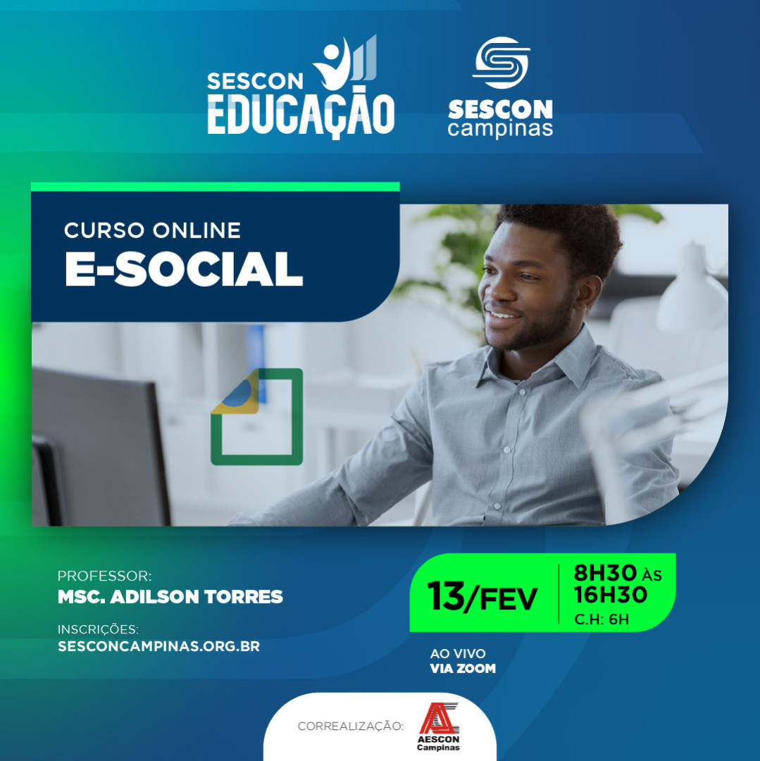sesconcampinas's tweet photo. ✅ CURSO ONLINE – E-SOCIAL

Confira o curso online, com transmissão ao vivo, ... https://t.co/ShY4nPFyrN https://t.co/NjhLkXyxqn