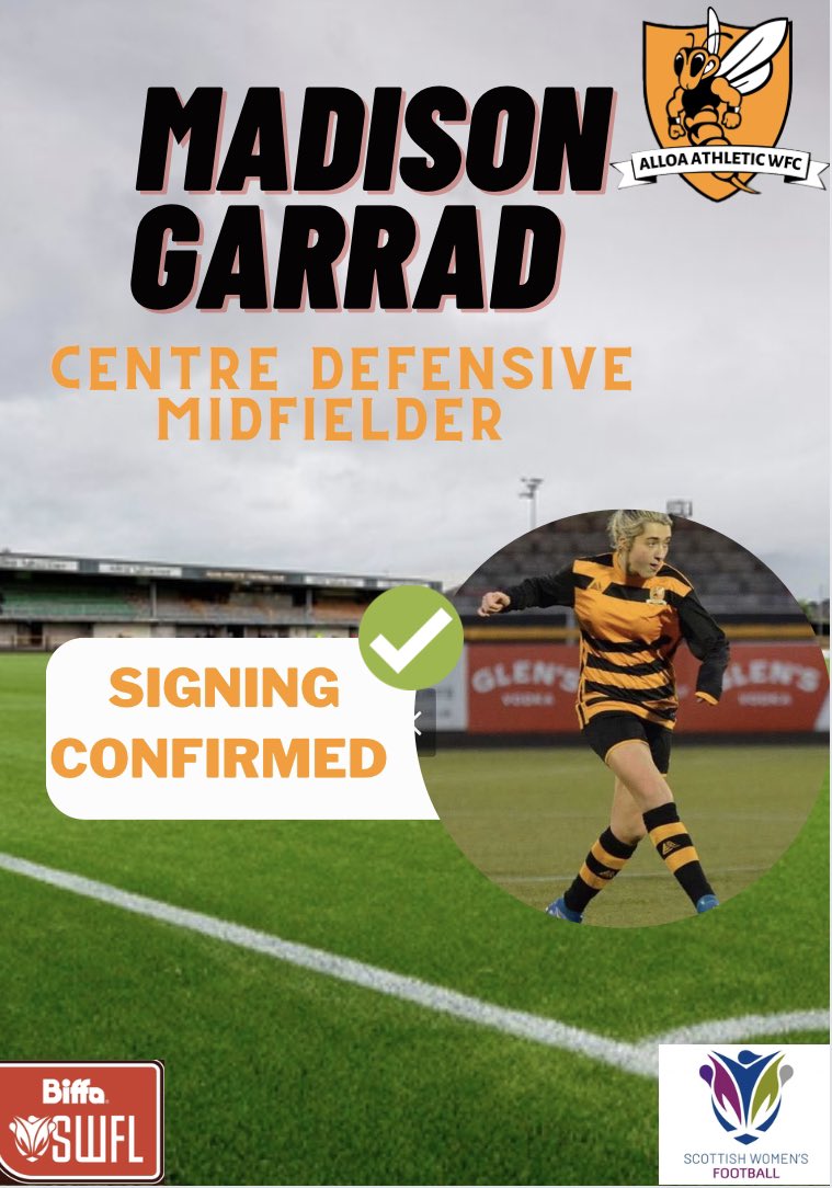 📝SIGNING ANNOUNCEMENT📝 

New to Alloa we have … Madison Garrad! 

Madison is joining us in the CDM role. She has shown great quality and determination in our first two opening games. She has settled into the team well 🐝 

#BeTheDifference