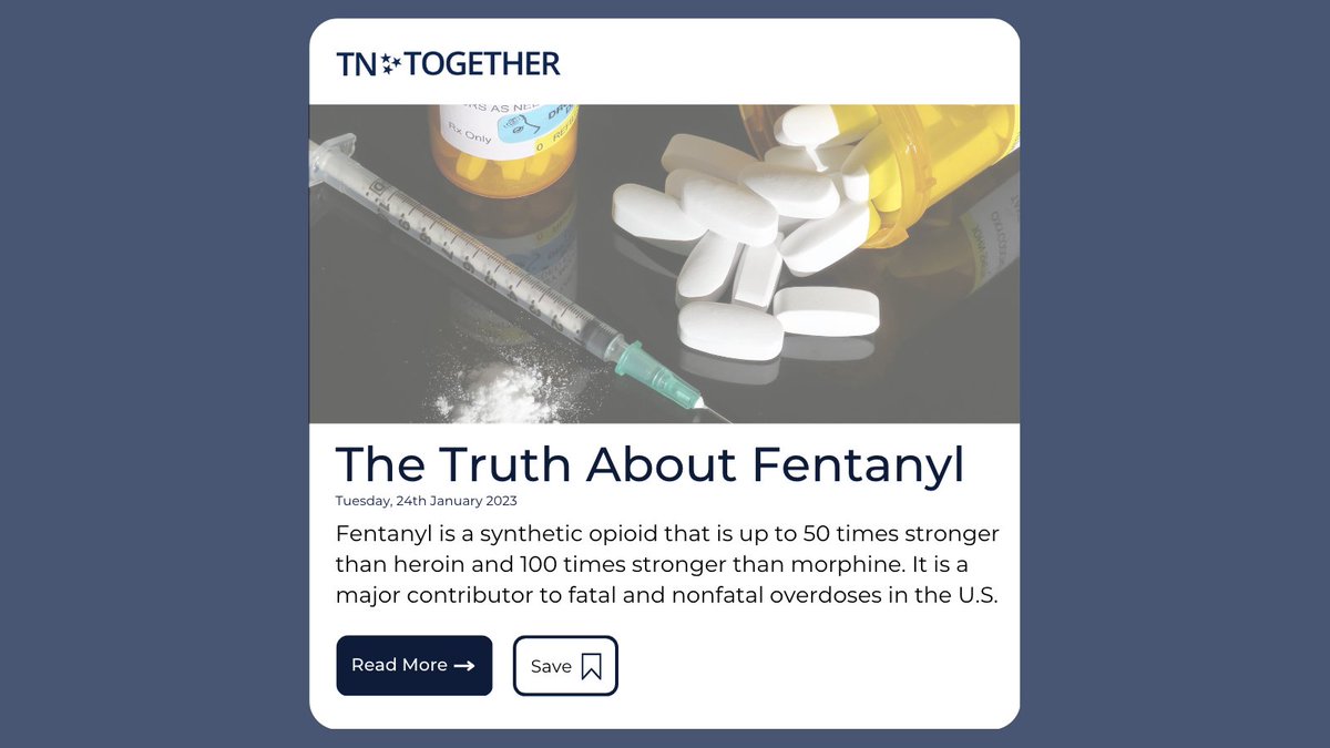 TnTogether's tweet photo. According to the CDC, over 150 people die daily from overdoses related to synthetic opioids like fentanyl. Drugs may contain deadly levels of fentanyl, and you wouldn’t be able to see, taste, or smell it.

#TNStrong #TNTogether #FentanylAwareness #DrugFreeTN https://t.co/3bUfxun7AS