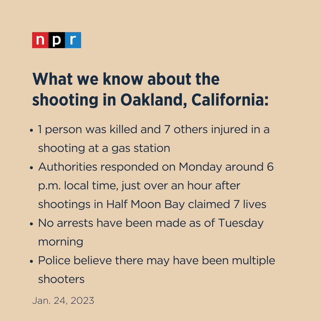 NPR on Twitter: "Here's what we know about the shooting in Oakland, California that killed 1 person and 7 on Monday evening. Follow along with our live coverage: https://t.co/T8bWlc543a https://t.co/sGiZ7aOZRE" /