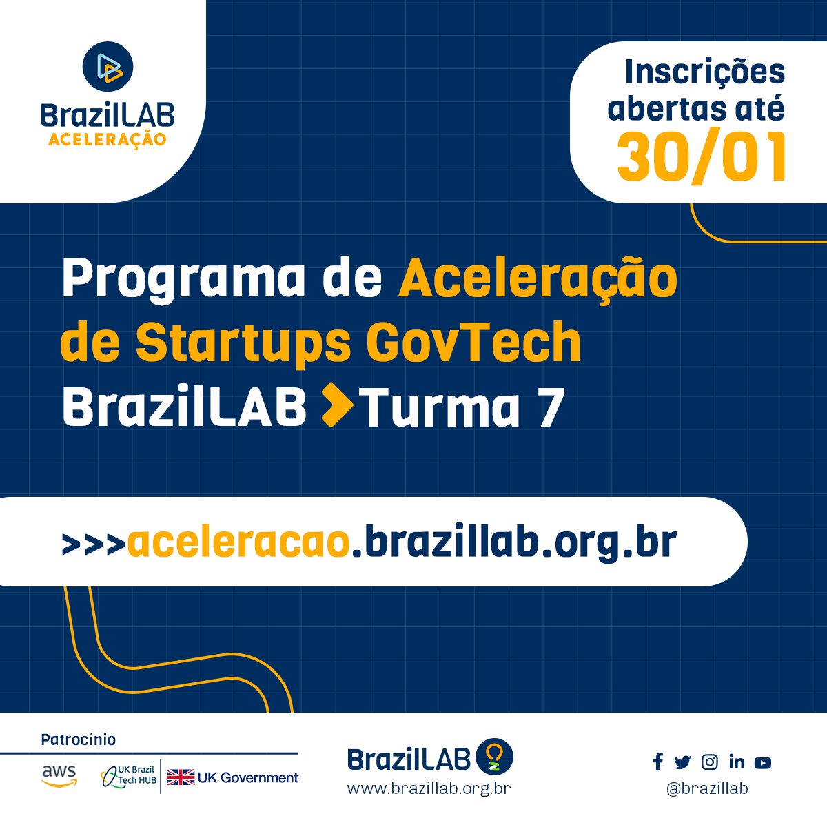 wegov's tweet photo. Estão abertas as inscrições para a Turma 7 do *Programa de Aceleração de Startups #GovTech do @BrazilLab! https://t.co/kdui9iONsk.

A Turma 7 tem o apoio da @AWSBrasil e do UK-Brazil Tech Hub.

#brazillab #startups #governodigital #greentech #healthtech #taxtech https://t.co/uC299WGkBp