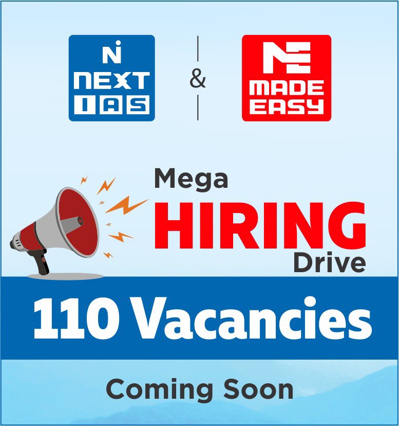 Cmd_Madeeasy's tweet photo. NEXT IAS &amp; MADE EASY are coming with mega recruitment drive for 110 vacancies.Job application form will be released on 1st Feb.2023 through websites for various positions in
*Academic Department
*Admin Department
*Digital Department
*Production Department
* Marketing Department https://t.co/rHgCDT1Mhx