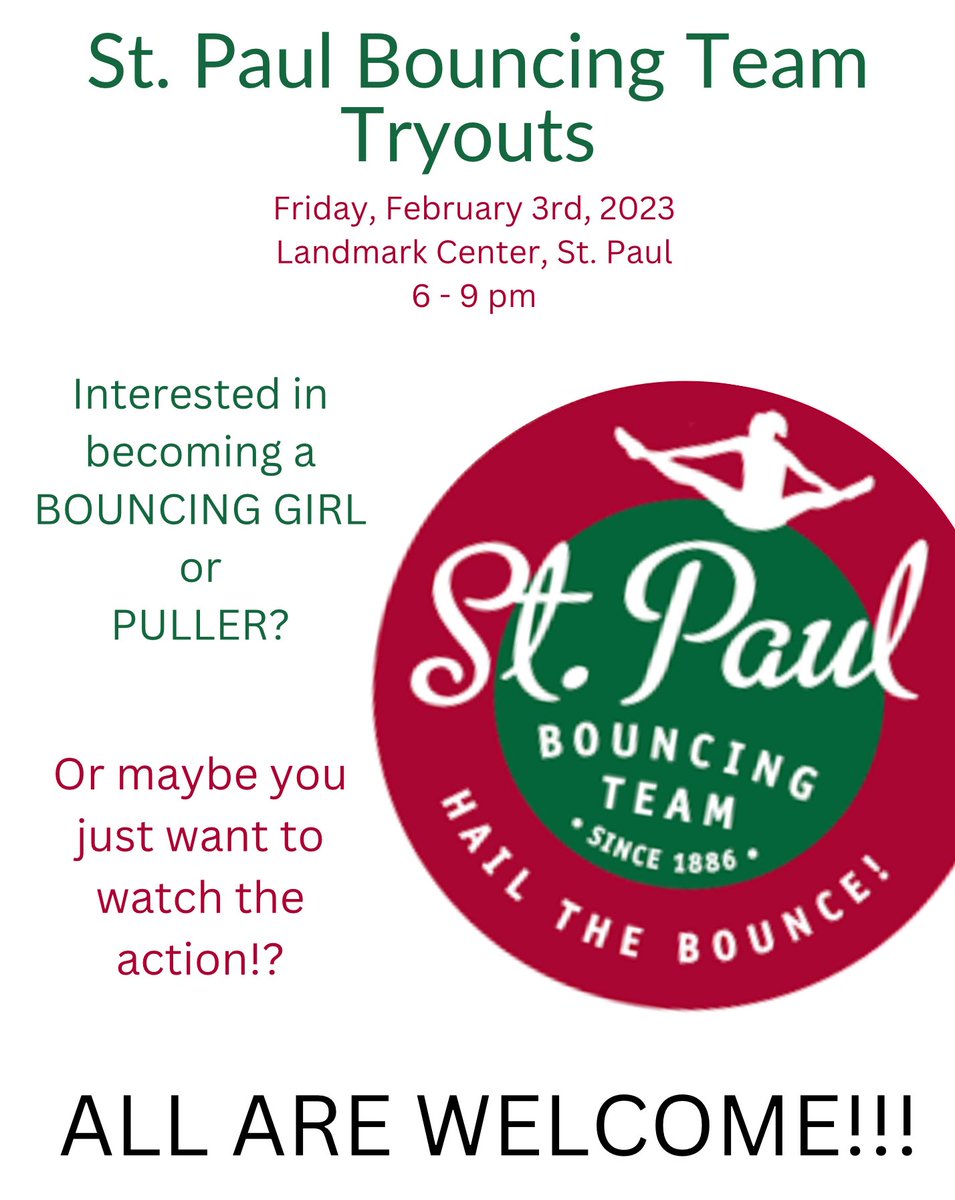 bouncingteam's tweet photo. Tryouts are Feb 3rd at the Landmark Center in St. Paul from 6-9pm. https://t.co/iFCiA3JeXk