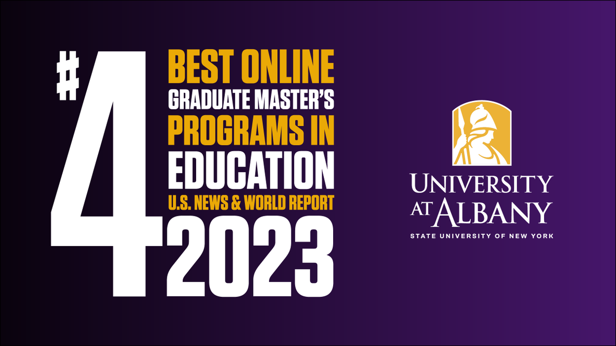 UAlbanyEdu's tweet photo. Breaking news! The #UAlbany School of Education is now ranked #4 in the 2023 Best Online Master’s in Education Programs by @usnews, up from #8 last year. This marks the 7th year straight in the top 10! Read more about it here: https://t.co/uAzAYlXGI0 https://t.co/mrFTLFSbHs