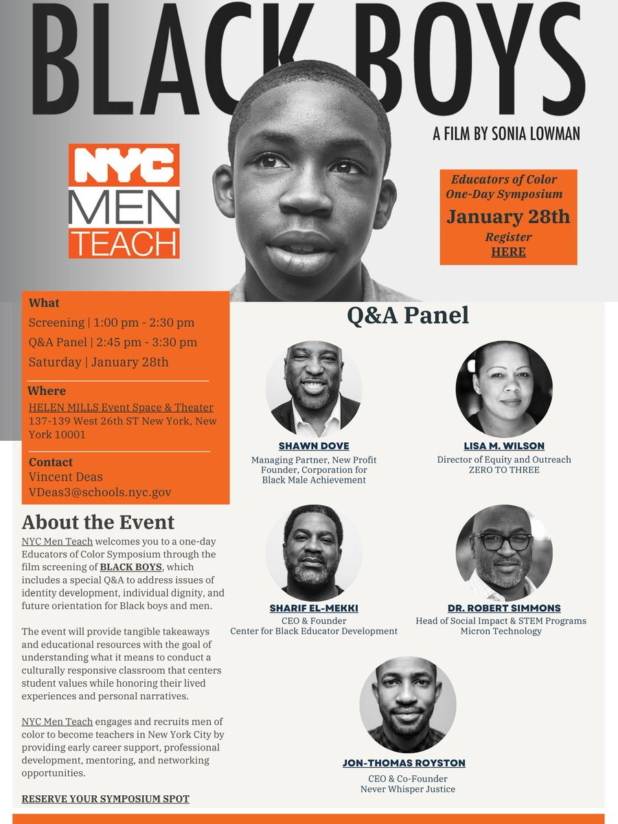 BlackBoysFilm's tweet photo. Quick reminder of our screening and q&amp;a this Saturday, Jan. 28th with @nycmenteach via @HelenMillsNYC. Welcoming @ZEROTOTHREE @freedreamer1978 @newprofit @DoveSoars @CenterBlackEd @selmekki @MicronTech @Robert_Simmons3 @nwjfilms @RoystonJT. 

https://t.co/yUEZpHmgTi https://t.co/7HpmErekb5