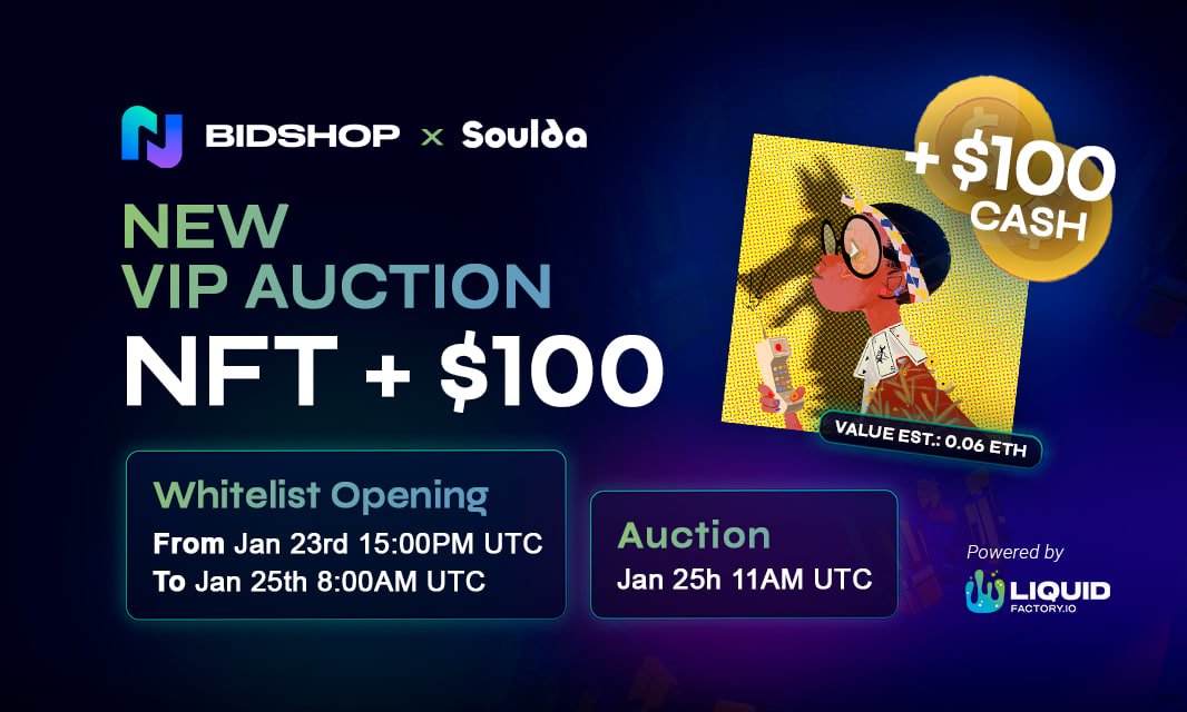 Soulda16Club's tweet photo. ⭕️We are excited to announce a new partnership with
@LQDFactory
BIDSHOP Family members & #Soulda holders are invited to a NEW VIP auction.
https://t.co/JyNiQL2jVG
Bid for FREE and WIN a Soulda #377 and $100 💰
⭕️ https://t.co/j7i4gZrCNj