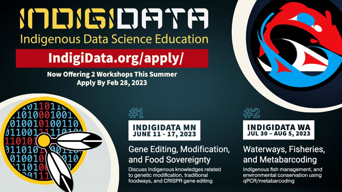 We are pleased to offer TWO @IndigiData #Indigenous #data #science summer workshops for 2023! 1) IndigiData MN on gene editing and food sovereignty, and 2) IndigiData WA on waterways and fisheries. Apply: indigidata.org/apply by Feb 28th. Note the new website address: