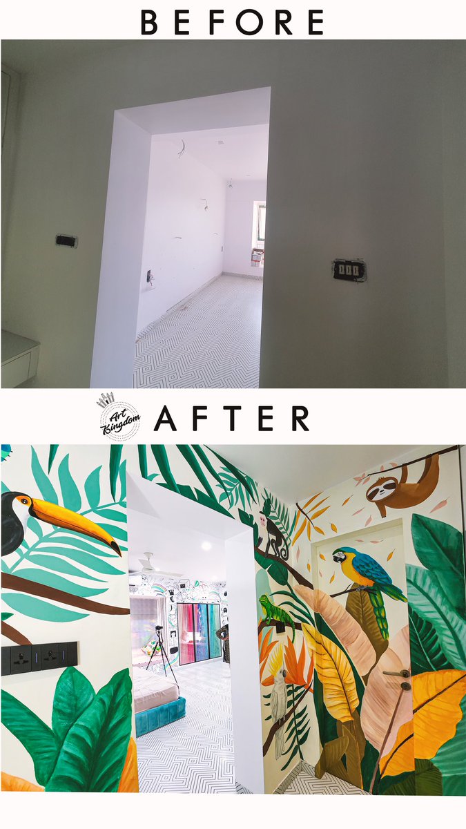 kinggowtham's tweet photo. We were asked to come up with a tropical kinda theme related to client's interest.
We did our magic on empty walls to vibrant,artistic and interesting walls to speak on it's own.
Thank u @ChestnutStoreys. 
#tropical #wardrobe  #wallart #painting #wallpainting  #artkingdom https://t.co/xbIDLtFAxN