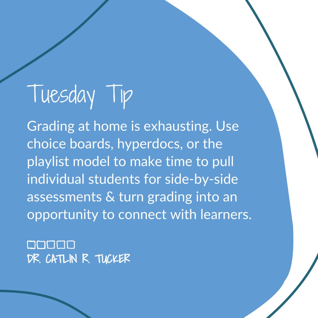 Tuesday Tip: #Grading at home is exhausting. Use choice boards, hyperdocs, or the playlist model to make time to pull individual students for side-by-side assessments & turn grading into an opportunity to connect with learners.

#edchat #edutwitter #education