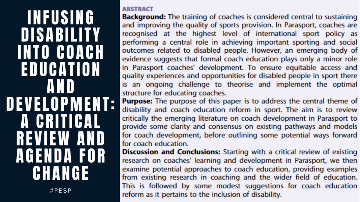Infusing disability into coach education and development: a critical review and agenda for change. #PESP

Authors @robtownsendPhD et al.

<a href="/tandfsport/">Routledge Sport, Leisure, and Tourism</a>. <a href="/afPE_PE/">Association for Physical Education</a>.

tandfonline.com/doi/full/10.10…