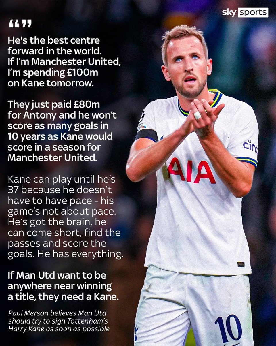 SkySportsPL's tweet photo. Paul Merson says #MUFC should try to sign Harry Kane as soon as possible if they want to have any chance of winning the Premier League. 🤔🏆 https://t.co/vhe8dmGDul