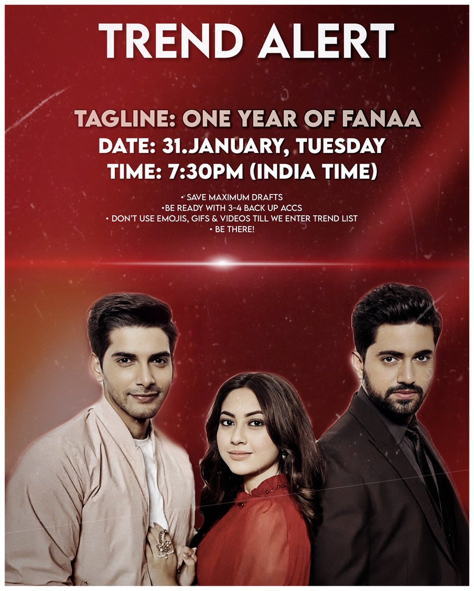 ||Trend Announcement|| 

And here are our official trend details for the 1Year Celebration of Fanaa. 
• Save Maximum Drafts 
•Let’s relive all the Fanaa memories.
• Please follow the rules 

{#ZainImam #ReemShaikh #AkshitSukhija #Zainians} #Fanaa