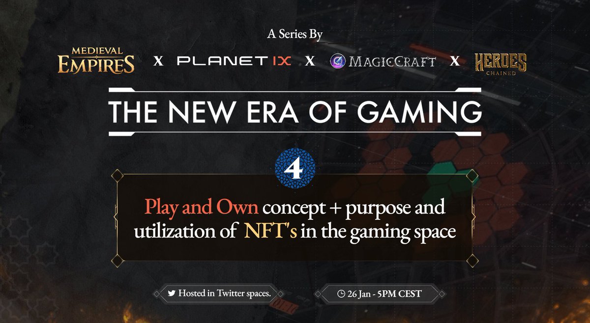🔔Set your reminder!
x.com/i/spaces/1dRJZ…

🍿The New Era of Gaming Series #4 w/ <a href="/MagicCraftGame/">MagicCraft</a>
<a href="/Planetix0/">PLANET IX</a>
<a href="/HeroesChained/">Heroes Chained 🔺</a> 
<a href="/MedievalEmpires/">Medieval Empires</a> 

 discussing play and own + #NFTs in games

🗓 26th of January, 2023
🕕5 PM (CEST)

$IXT $MCRT $MEE $HEC