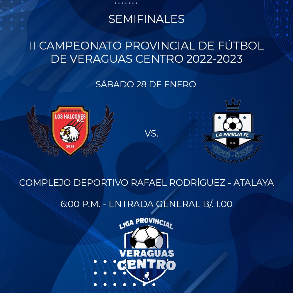 VeraguasCentro's tweet photo. Semifinales del 2do Campeonato Provincial de Fútbol de Veraguas Centro 2022-2023 🏆⚽

🏟️: Complejo Deportivo Rafael Rodríguez
📍: Atalaya, Veraguas
🎟️: B/. 1.00

#SomosVeraguasCentro ⚽ https://t.co/mYDkrlRGzQ
