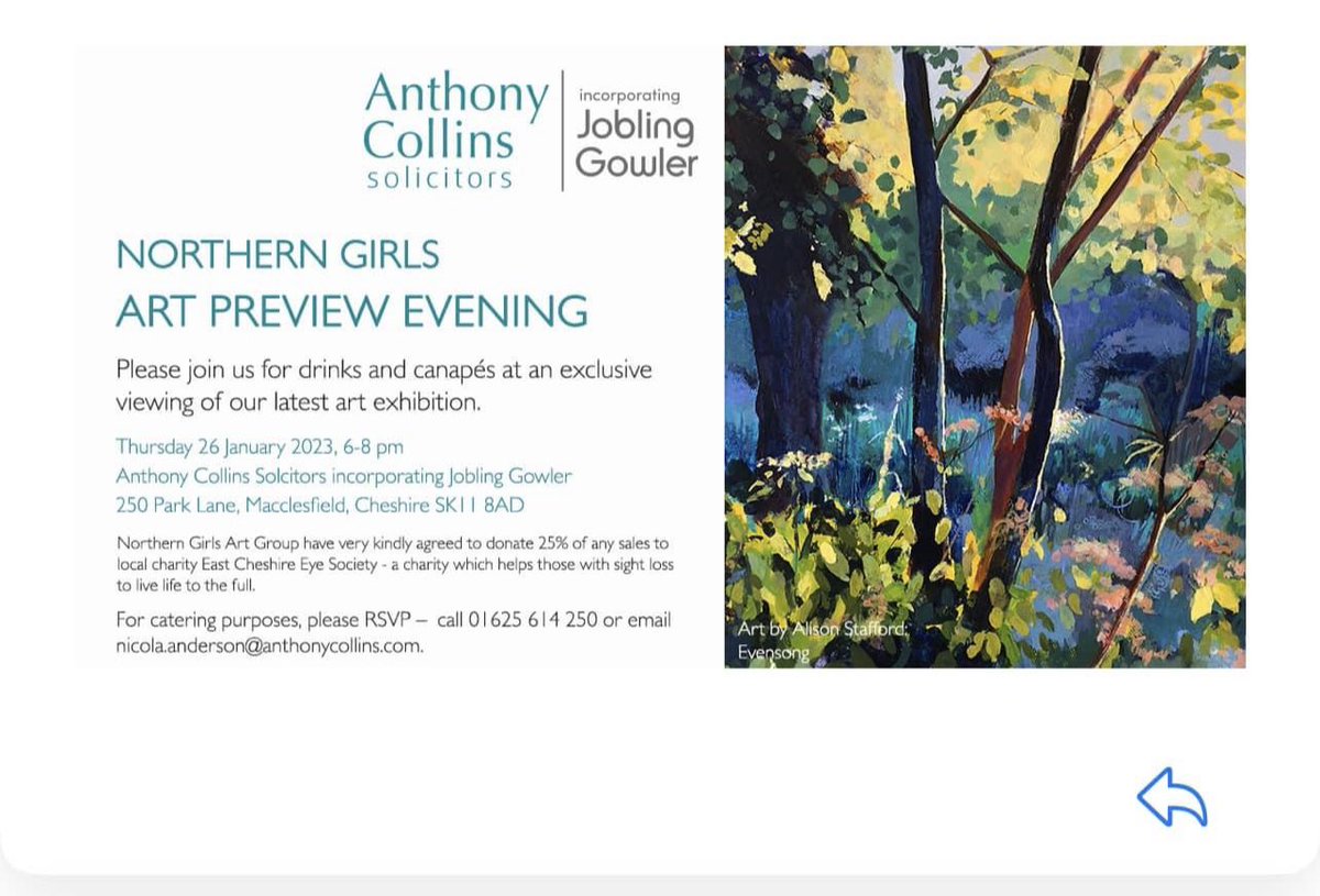 🎨🥂This THURSDAY 26th Jan 6-8pm Art Preview- Do pop along if you can. 🥂🎨 Calling Macclesfield area friends with an interest in art…. ART PREVIEW at Jobling Gowler / Anthony Collins Solicitors 250 Park Lane Macclesfield, Cheshire. Group of 5 fab professional artists.