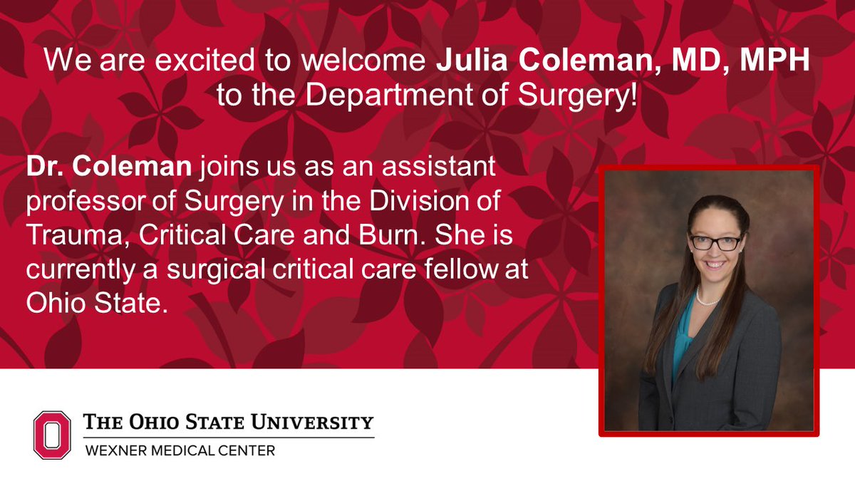 Excited <a href="/JuliaColemanMD/">Julia R Coleman, MD MPH</a> is joining <a href="/OhioStateSurg/">Ohio State Wexner Medical Center Surgery Dept.</a> in Div #Trauma, Critical Care &amp; #Burn. Her research focuses on sex dimorphisms. <a href="/WomenSurgeons/">WomenSurgeons</a> recognized her as a Top 40 under 40 #Female #Surgeon &amp; she most recently received Oriens Award from <a href="/EAST_TRAUMA/">EAST</a>. Welcome! ⭕️🙌-🙏⭕️