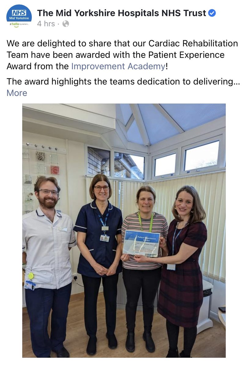 _annie_jacques's tweet photo. Congratulations to the cardiac rehab team! Fabulous achievement for all involved! Special thanks to our wonderful cardiac rehab therapists! @MidyorksAhp @MY_FCSS @MidYorkshireNHS https://t.co/qL79Hc7fe6