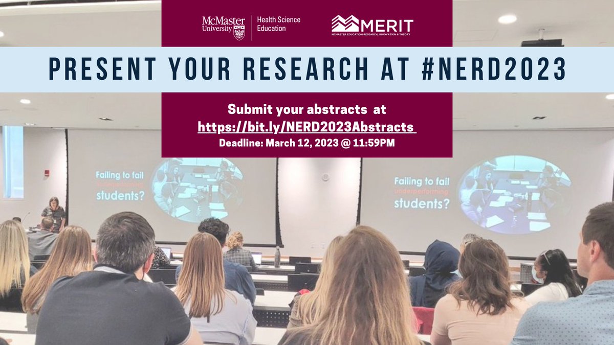 McMaster Education Research, Innovation & Theory (@merit_mcmaster) on Twitter photo Present your research in health professions education! The #NERD2023 Abstract Portal is OPEN (til March 12). Submit HERE: forms.gle/bWPAWQGStWgFE5… | Research Day Save the Date 📅June 7, 2023 IN PERSON! Hosted by <a href="/MERIT_McMaster/">McMaster Education Research, Innovation & Theory</a> & <a href="/McMasterHSED/">MSc Health Sci Education (HSED)</a> Present your research in health professions education! The #NERD2023 Abstract Portal is OPEN (til March 12). Submit HERE: forms.gle/bWPAWQGStWgFE5… | Research Day Save the Date 📅June 7, 2023 IN PERSON! Hosted by <a href="/MERIT_McMaster/">McMaster Education Research, Innovation & Theory</a> & <a href="/McMasterHSED/">MSc Health Sci Education (HSED)</a>