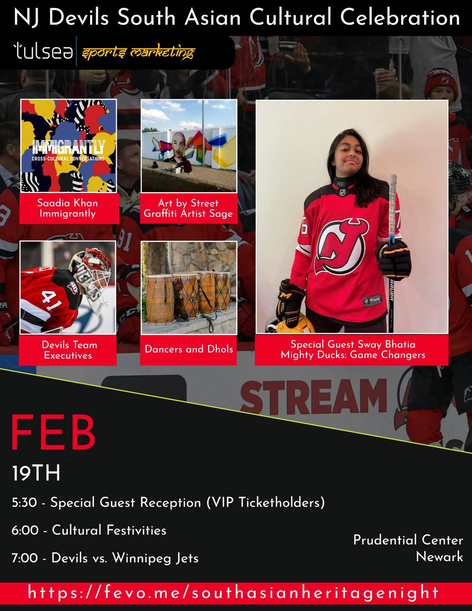 @tulseasports is proud to announce @NJDevils South Asian Cultural Celebration on Feb 19th
* DJs, dancers, dhols.
* Special guests @immigrantlypod, @sway_bhatia (Disney's Mighty Ducks: Game Changers), and more  
Tickets at fevo.me/southasianheri…

#hockeyisforeveryone #Diversity