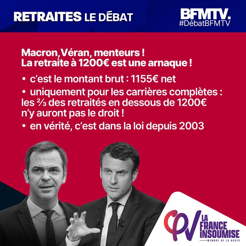 Barocchio's tweet photo. ⚠️ Macron et Véran mentent : leur retraite à 1200€ est une arnaque !
➡️ Diffusez ce visuel avec le hashtag #Diffusez ce visuel avec le hashtag #DebatBFM https://t.co/P5JEpSlGjf