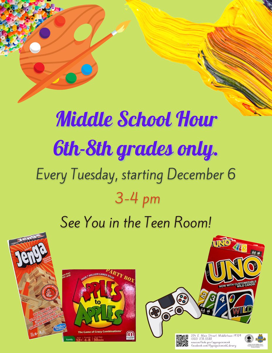 AppoLibrary's tweet image. This afternoon we will be hosting Middle School Hour in the Teen Room from 3-4pm EST! Middle School students only. Join us for crafts, games, or just to hang out.
No registration required!
#DelawareLibraries #NewCastleCounty