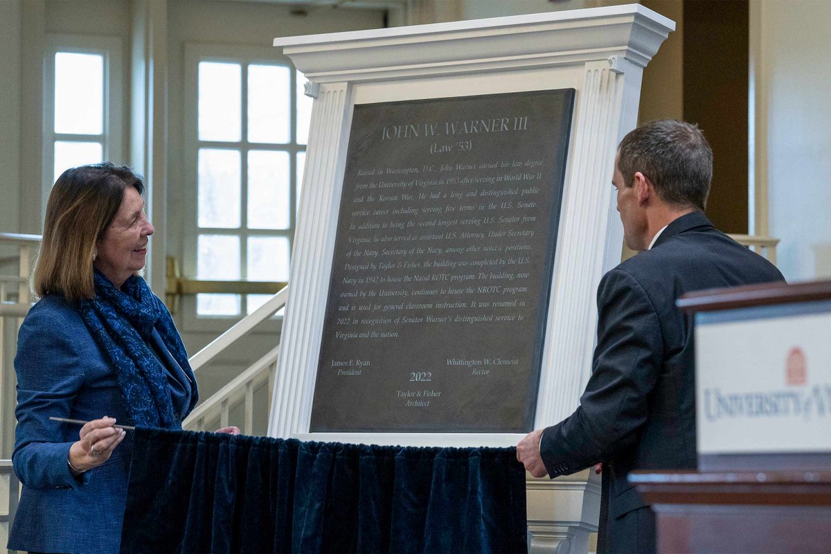 UVA's tweet photo. On Friday we honored former senator and naval secretary John Warner by naming the Naval ROTC building after him. Warner, a @UVALaw alumnus, spent three decades in the U.S. Senate after having served as secretary of the Navy. https://t.co/EdO0CwUAxJ https://t.co/GpmU1vjM2f