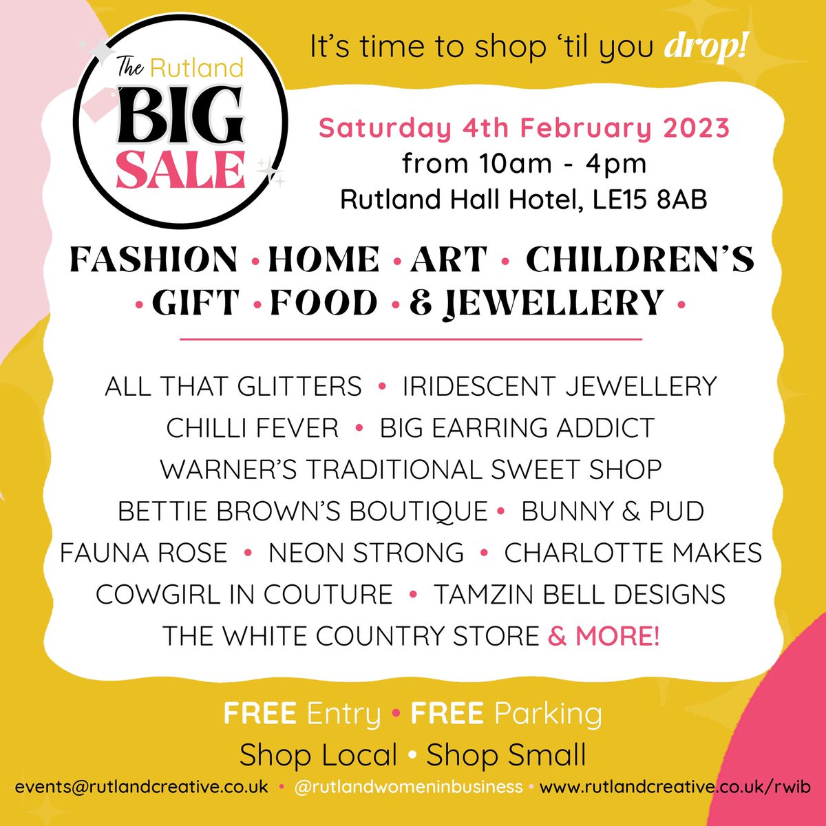 One BIG shopping event that you don’t want to miss! 🏷️🛍️✨#TheRutlandBigSale

Shop from OVER 35 local businesses in one place! 🎉
📍Sat 4th Feb at <a href="/Rutland_Hall/">Rutland Hall Hotel & Spa</a> 

Officially opening the event is <a href="/RutStamSound/">Rutland & Stamford Sound</a>’s <a href="/RobPersani/">Rob Persani</a>! 📻

rutlandcreative.co.uk/rwib