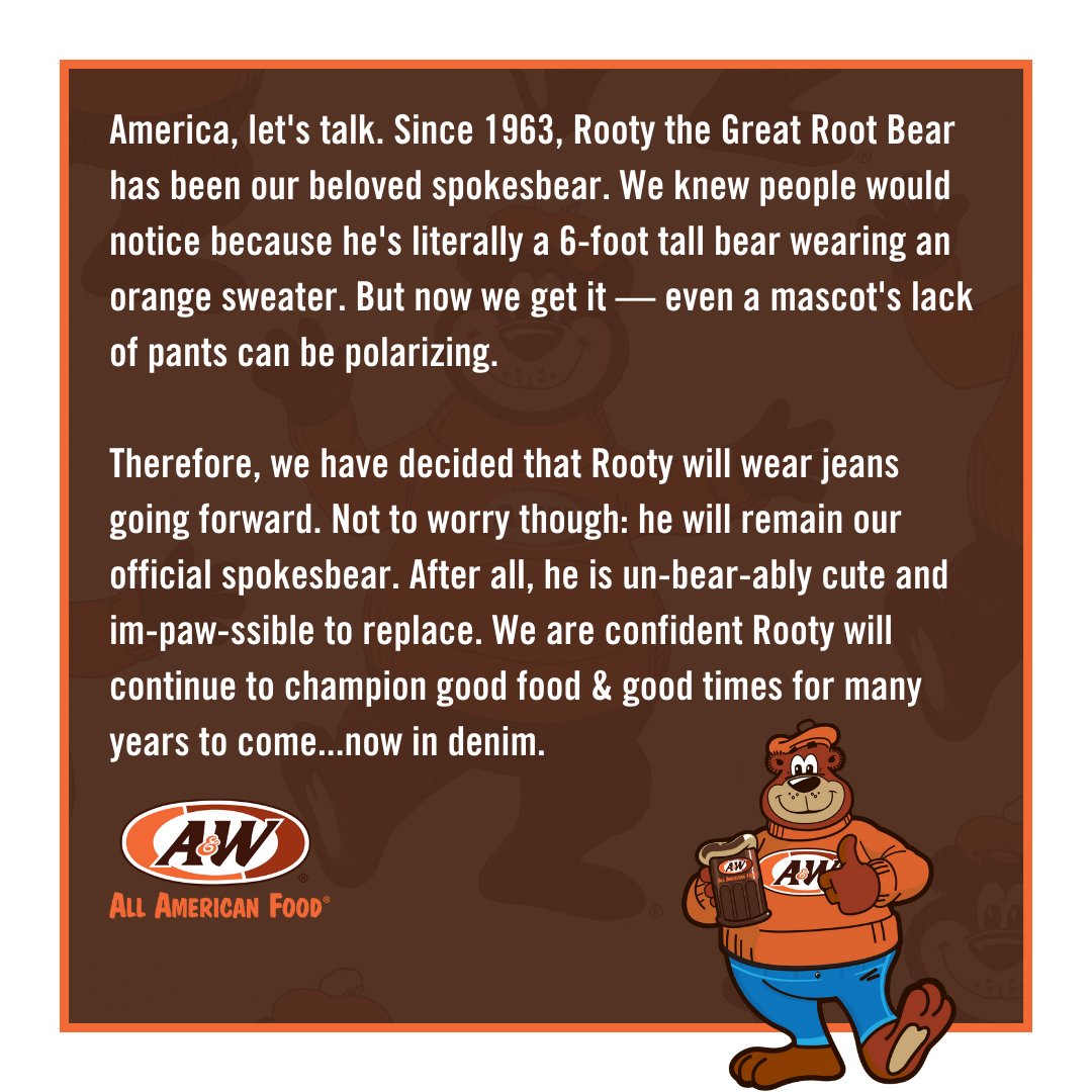 A&W Restaurants puts pants on 'polarizing' mascot bear Rooty in joke  announcement